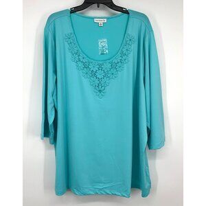 Susan Graver Top Blue Butterknit Embroidered Lace Scoop Neck